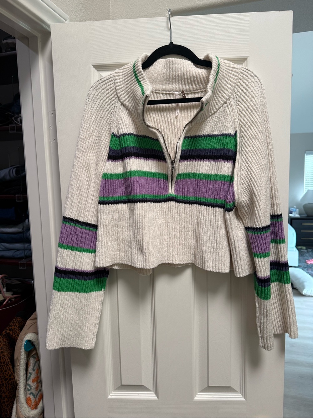 Free People Cream Cropped Turtleneck Sweater with Green and Purple Stripes